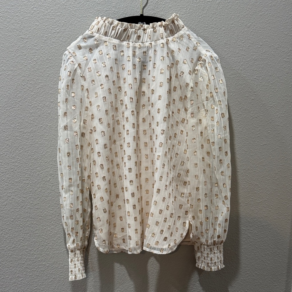 👚 NWOT LOFT Elegant Cream Blouse w/ Ruffle Neck & Gold Metallic Details – XS